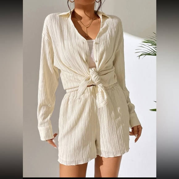 Green / cream / black 2 piece matching set Long sleeve Button Shirt & Shorts - Picture 12 of 12